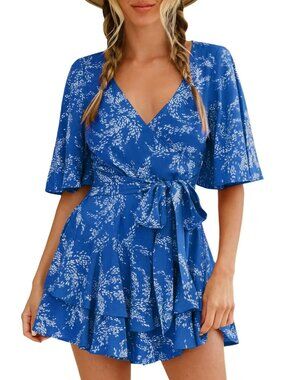 Women's Ocean Blue Summer Sexy Short Flared Sleeve V Neck Floral Print Jumpsuit
